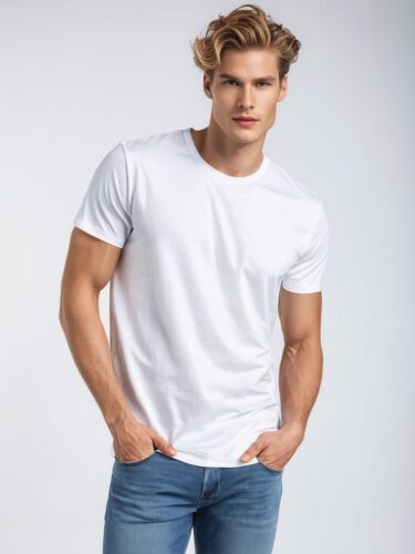 Golden Skin Tone Male Model in White T-Shirt