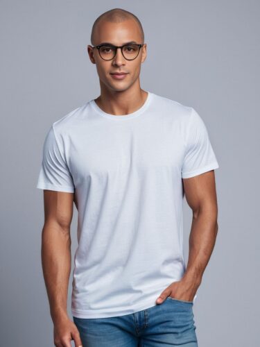 Confident Apparel Model in White T-Shirt with Trendy Glasses