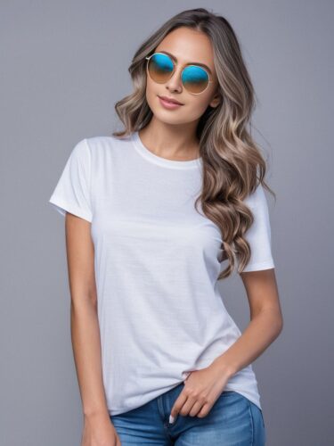 Young Woman in White T-Shirt Mockup with Geometric Glasses