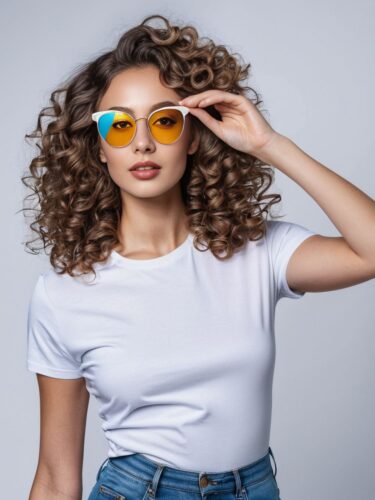 Stylish White T-Shirt Mockup Model with Retro Glasses