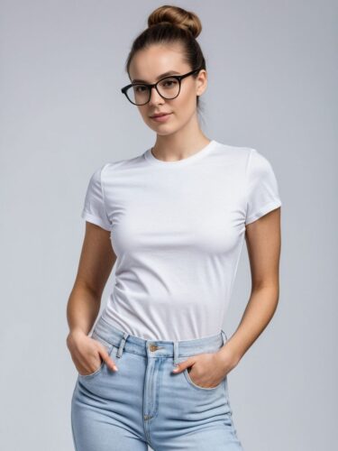 Chic Glasses Apparel Model in White T-Shirt Mockup