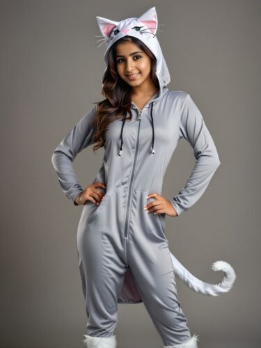 Young Middle Eastern Woman in Kitten Costume on Gray Background