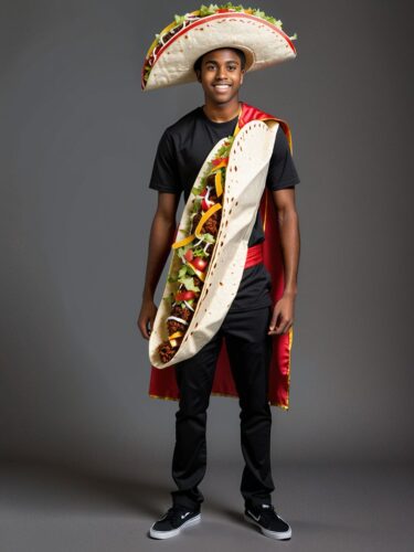 Young Black Man in Taco Costume on Gray Background