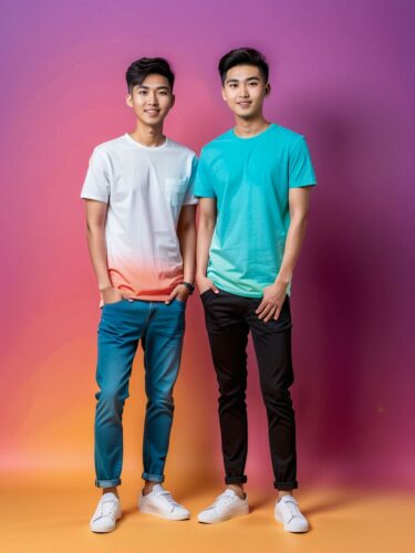 Confident Asian Best Friends on Colorful Gradient Background