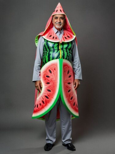 Quirky Middle Eastern Man in Watermelon Slice Costume
