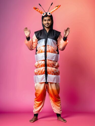 Creative South Asian Young Adult in Shrimp Sushi Costume