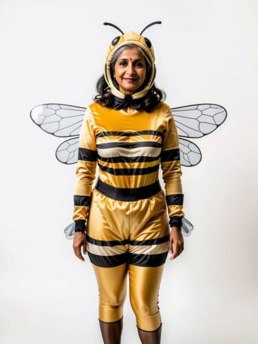 Cheerful South Asian Woman in Bee Costume