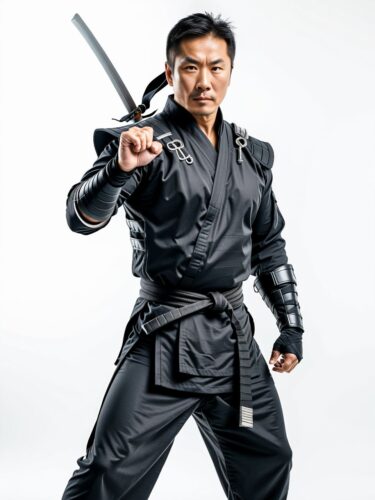 Confident Middle-Aged Asian Ninja on White Background