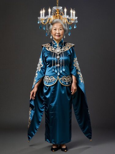 Elegant East Asian Elderly Woman in Chandelier Costume