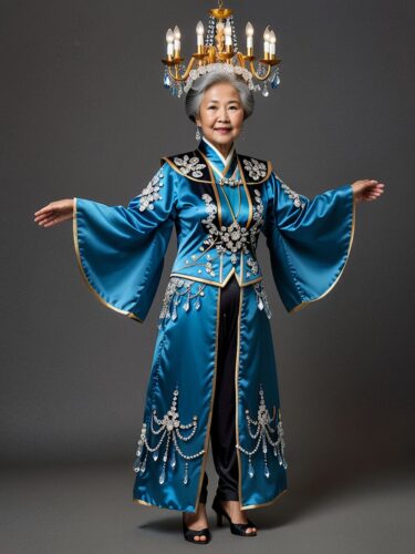 Elegant East Asian Elderly Woman in Chandelier Costume