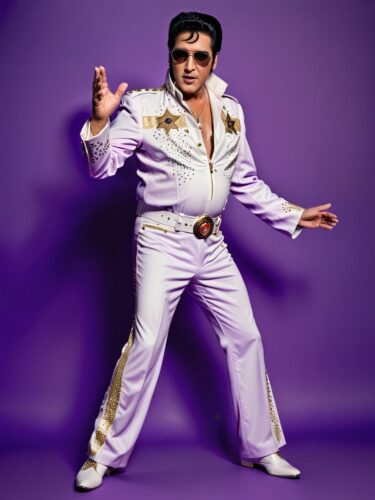 Energetic Elvis Impersonator on Purple Background
