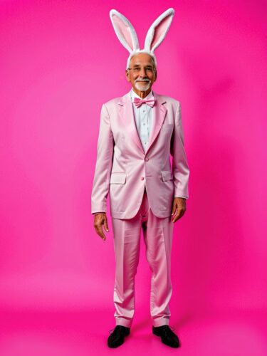 Elderly Hispanic Man in Bunny Costume on Pink Background