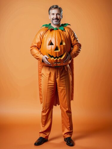 Middle-aged Man in Pumpkin Costume on Orange Background