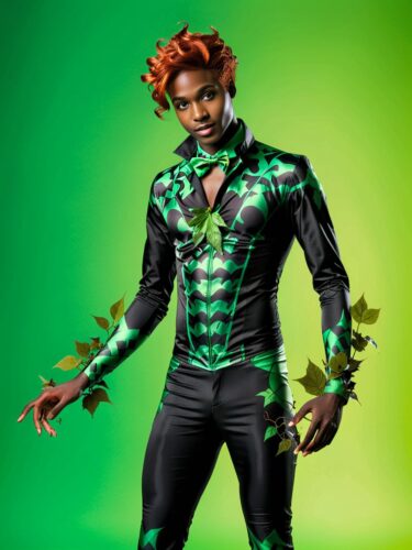 Vibrant Poison Ivy Cosplay: Young Black Man in Green