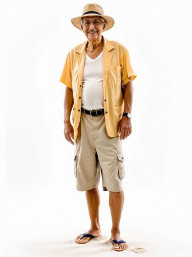 Elderly Hispanic Man in Beach Attire: A Unique Character