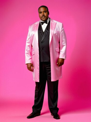 Middle-Aged Black Man in Carrie Costume on Pink Background