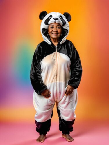 Elderly Black Woman in Panda Costume: Cozy and Cute