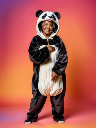 Elderly Black Woman in Panda Costume