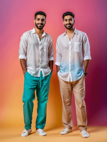 Best Friends in Linen Outfits on Colorful Background