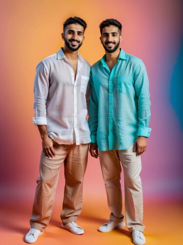 Best Friends in Linen Outfits on Colorful Background