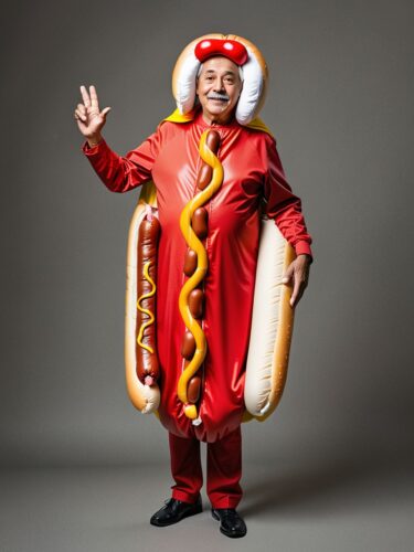 Eccentric Elderly Hispanic Man in Hot Dog Costume