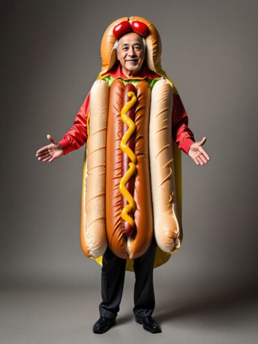 Eccentric Elderly Man in Hot Dog Costume