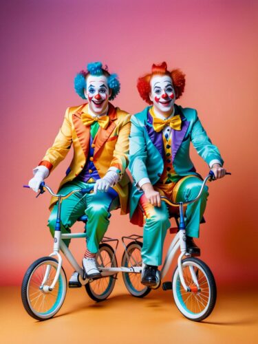 Joyful Clown Friends Riding Tiny Bicycles