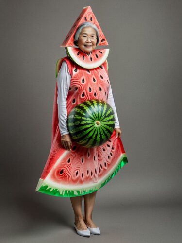 Joyful Elderly Woman in Watermelon Slice Costume