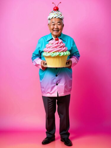 Colorful Elderly Asian Man Dressed as a Cupcake