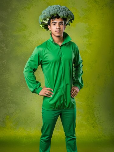 Creative Costume: Young Hispanic Man as Broccoli Floret
