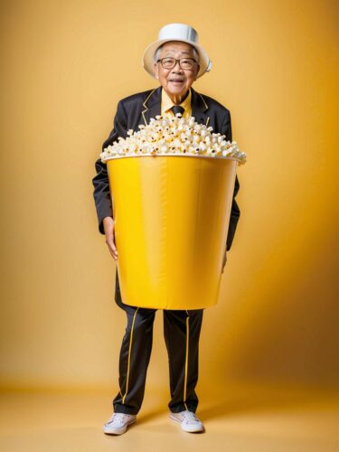 Eccentric Elderly Man in Popcorn Bucket Costume