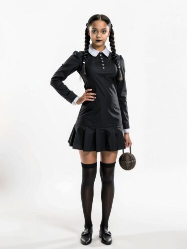 Gothic Chic: Young Black Woman in Wednesday Addams Costume
