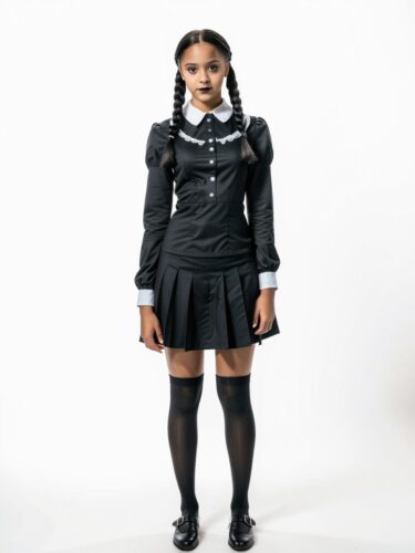 Young Black Woman in Wednesday Addams Costume