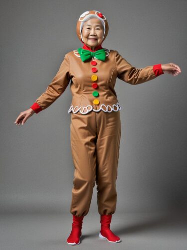 Joyful Elderly Woman in Gingerbread Man Costume