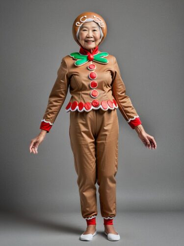 Joyful Elderly Woman in Gingerbread Man Costume