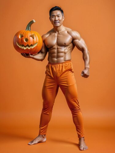 Middle-Aged Asian Man in Pumpkin Costume