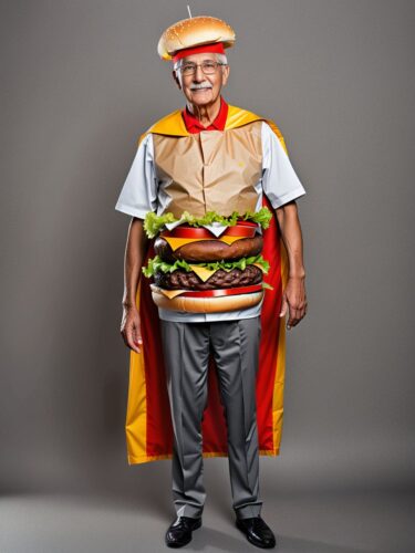 Eccentric Elderly Man in Burger Costume