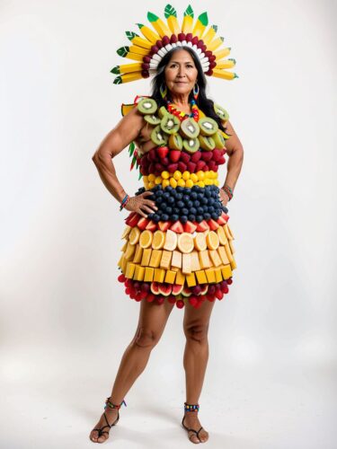 Colorful Fruit Salad Costume on Mature Native American Woman