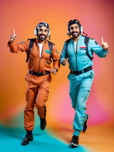 Joyful Middle Eastern Friends Pretending to Fly