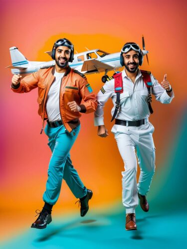Joyful Middle Eastern Friends Playing as Pilot and Plane