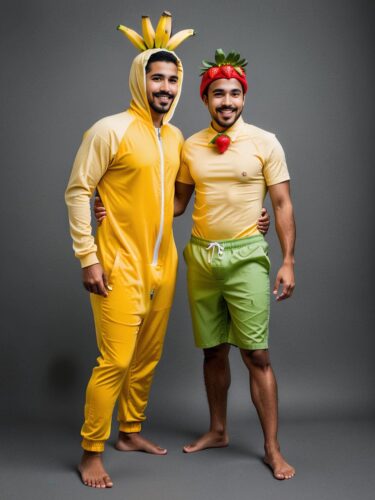 Best Friends Dressed as Fruit: Banana and Strawberry