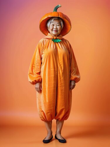 Vibrant Portrait of an Elderly Woman in Pumpkin Costume
