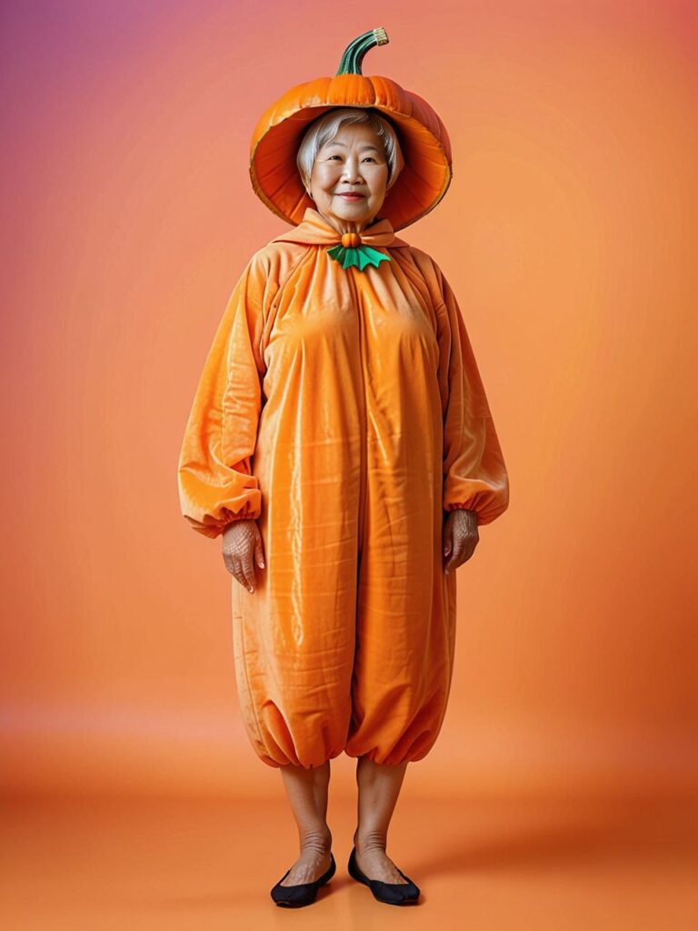 Vibrant Portrait of an Elderly Woman in Pumpkin Costume | Pincel