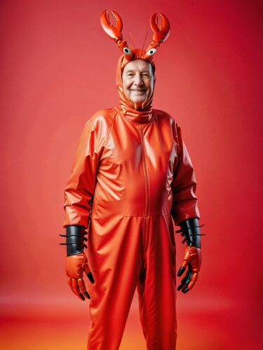 Colorful Lobster Costume: A Unique Elderly Man