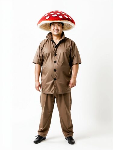 Middle-aged Asian Man Dressed as a Mushroom