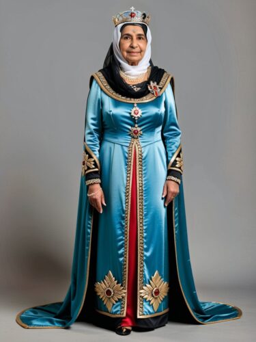 Middle Eastern Elderly Woman in Queen Elizabeth II Costume