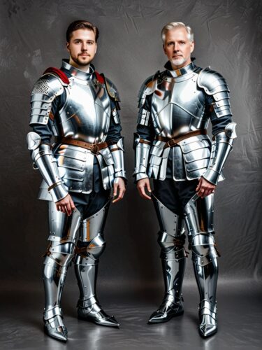 Medieval Armor Friendship: Unlikely Duo in Shiny Foil Suits