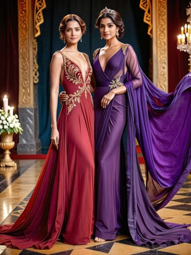 Elegant Women in Crimson and Purple Attire