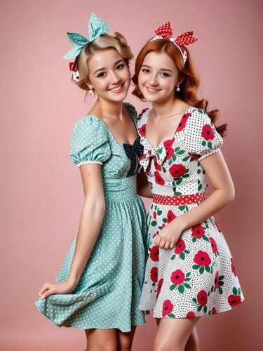 Charming Young Women in Floral and Polka Dot Outfits