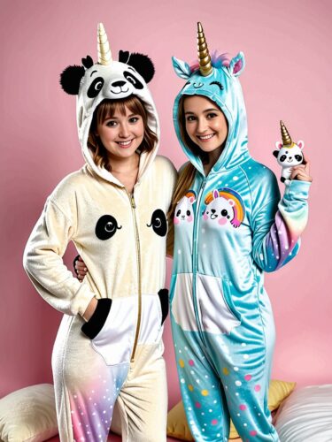 Whimsical Friends in Panda and Unicorn Pajamas